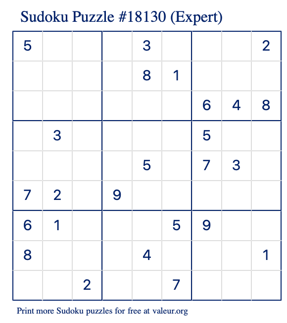 Free Printable Expert Sudoku Puzzle number 18130