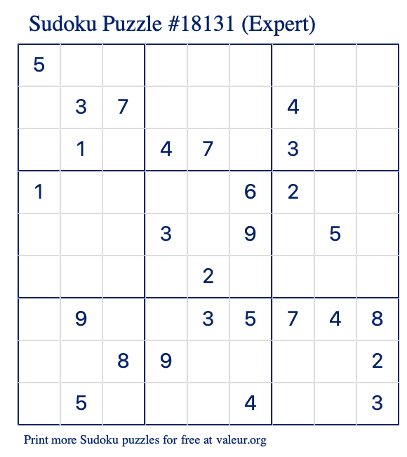Free Printable Expert Sudoku Puzzle number 18131
