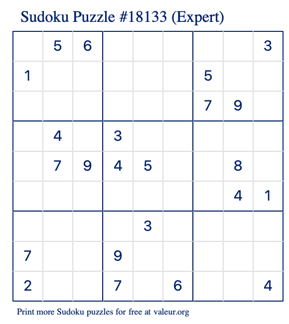 Free Printable Expert Sudoku Puzzle number 18133