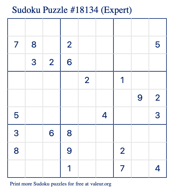 Free Printable Expert Sudoku Puzzle number 18134
