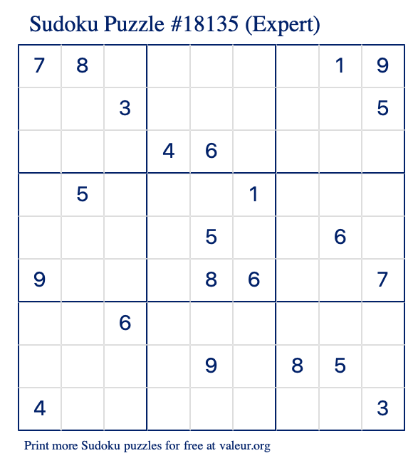Free Printable Expert Sudoku Puzzle number 18135