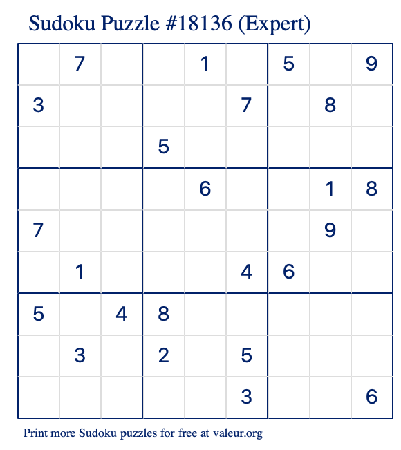 Free Printable Expert Sudoku Puzzle number 18136