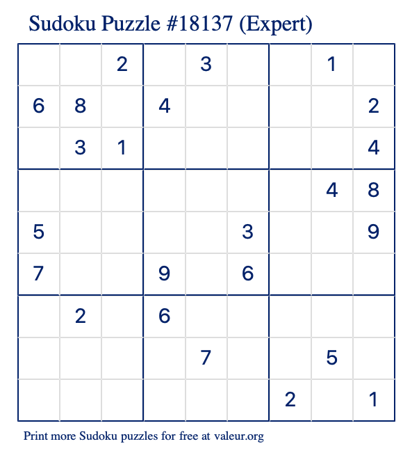 Free Printable Expert Sudoku Puzzle number 18137