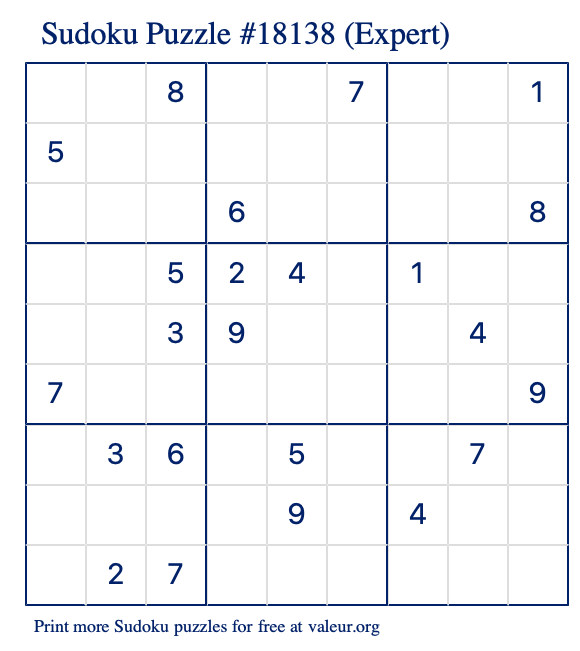 Free Printable Expert Sudoku Puzzle number 18138