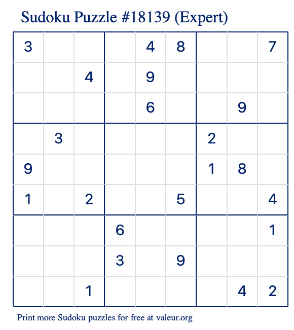 Free Printable Expert Sudoku Puzzle number 18139