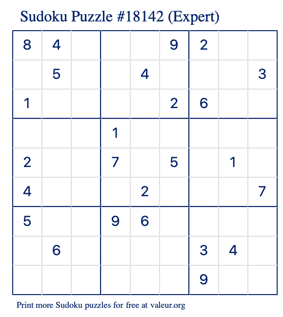 Free Printable Expert Sudoku Puzzle number 18142