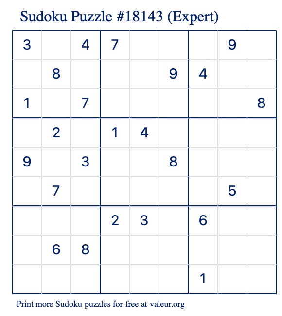 Free Printable Expert Sudoku Puzzle number 18143