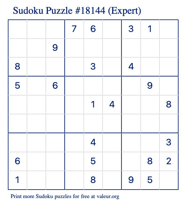 Free Printable Expert Sudoku Puzzle number 18144