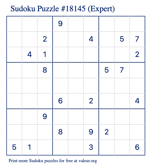 Free Printable Expert Sudoku Puzzle number 18145