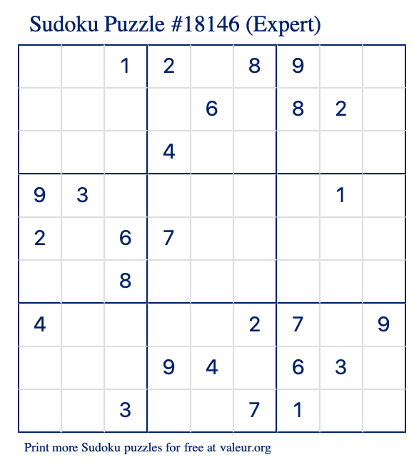 Free Printable Expert Sudoku Puzzle number 18146