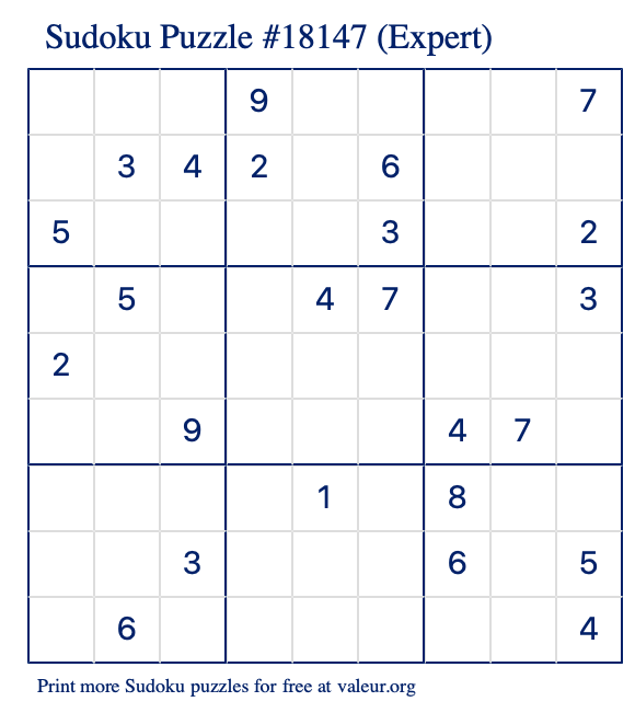 Free Printable Expert Sudoku Puzzle number 18147