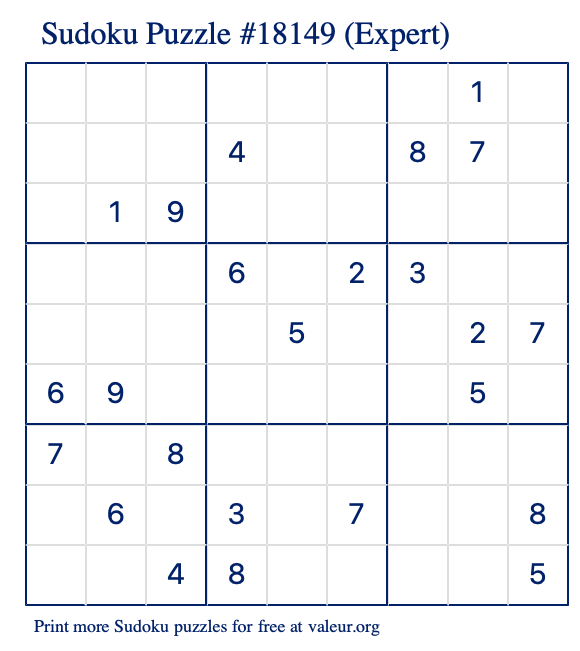 Free Printable Expert Sudoku Puzzle number 18149