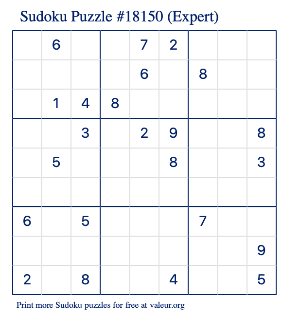 Free Printable Expert Sudoku Puzzle number 18150