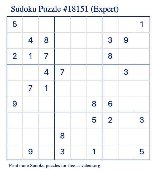 Free Printable Expert Sudoku Puzzle number 18151