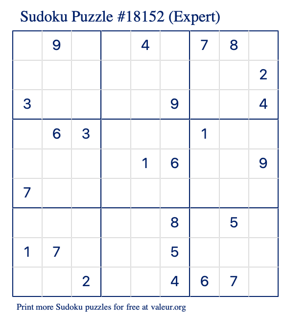 Free Printable Expert Sudoku Puzzle number 18152