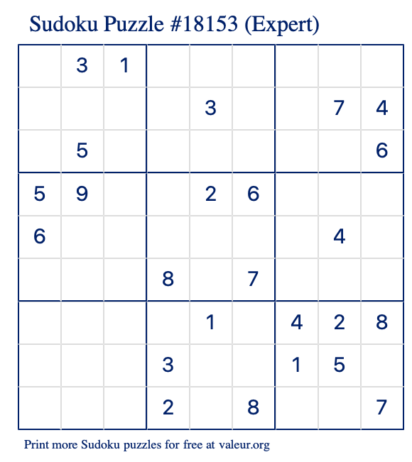 Free Printable Expert Sudoku Puzzle number 18153