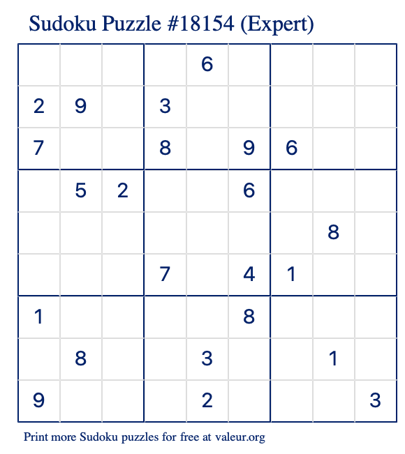 Free Printable Expert Sudoku Puzzle number 18154