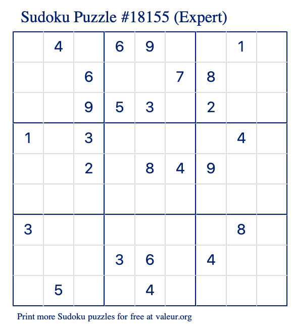 Free Printable Expert Sudoku Puzzle number 18155