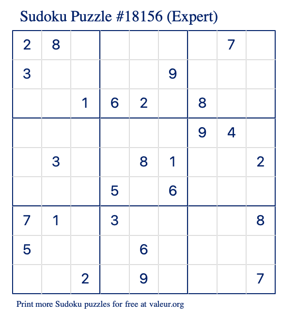 Free Printable Expert Sudoku Puzzle number 18156