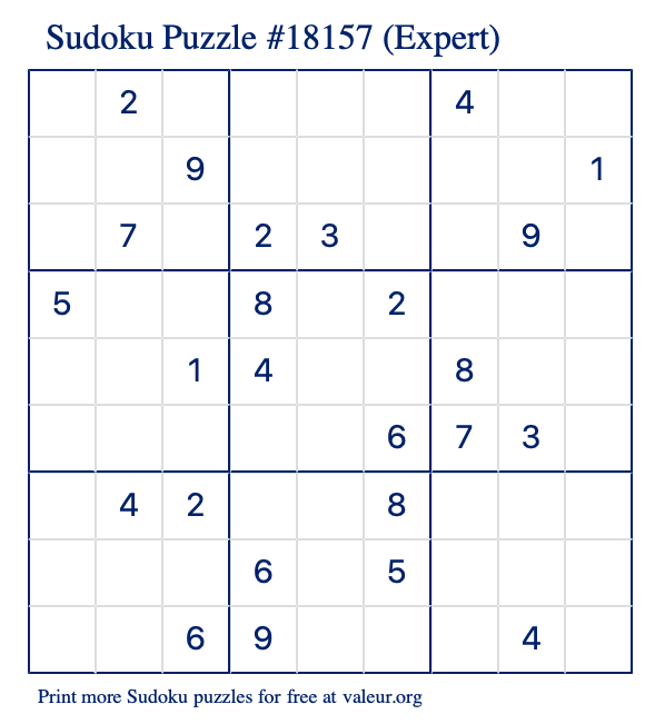 Free Printable Expert Sudoku Puzzle number 18157