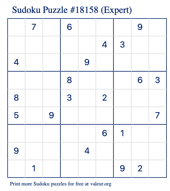 Free Printable Expert Sudoku Puzzle number 18158