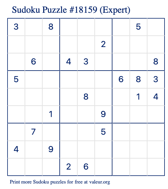 Free Printable Expert Sudoku Puzzle number 18159