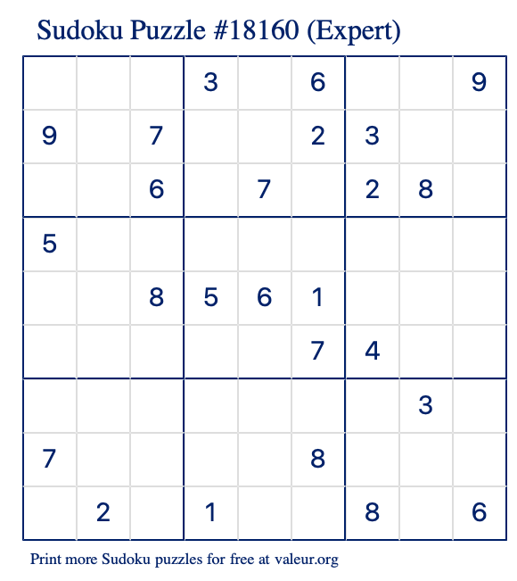 Free Printable Expert Sudoku Puzzle number 18160