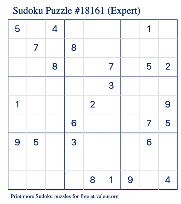 Free Printable Expert Sudoku Puzzle number 18161