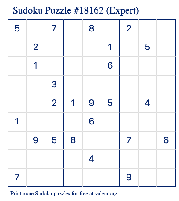 Free Printable Expert Sudoku Puzzle number 18162