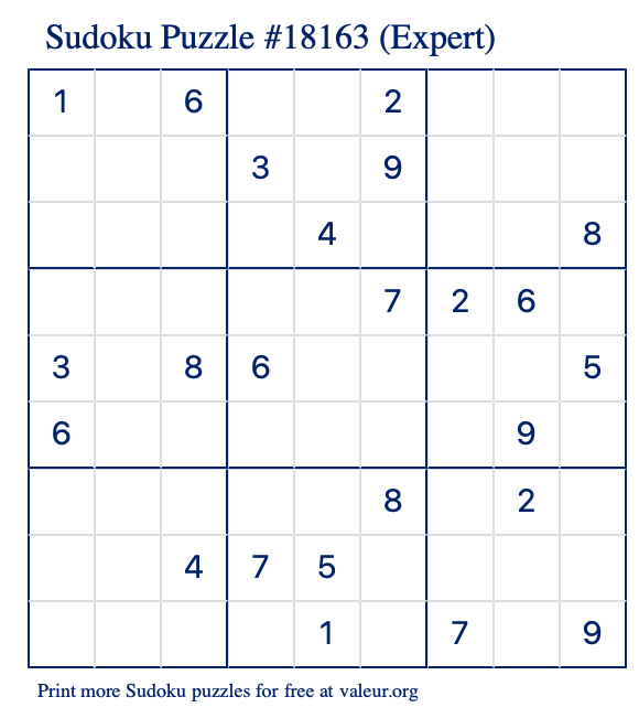 Free Printable Expert Sudoku Puzzle number 18163