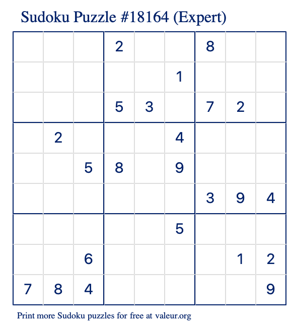 Free Printable Expert Sudoku Puzzle number 18164