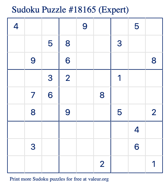 Free Printable Expert Sudoku Puzzle number 18165