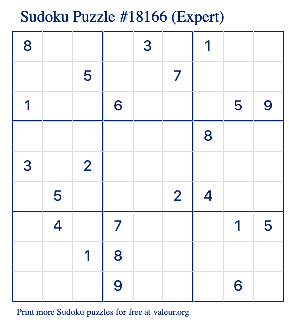 Free Printable Expert Sudoku Puzzle number 18166