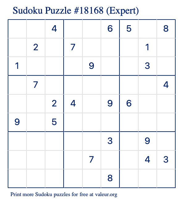 Free Printable Expert Sudoku Puzzle number 18168