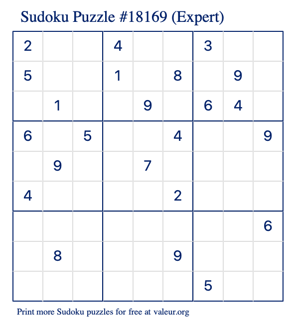 Free Printable Expert Sudoku Puzzle number 18169