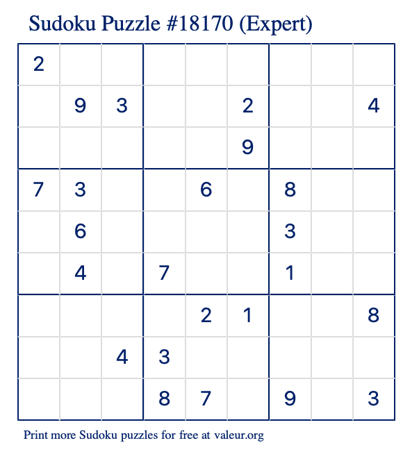 Free Printable Expert Sudoku Puzzle number 18170