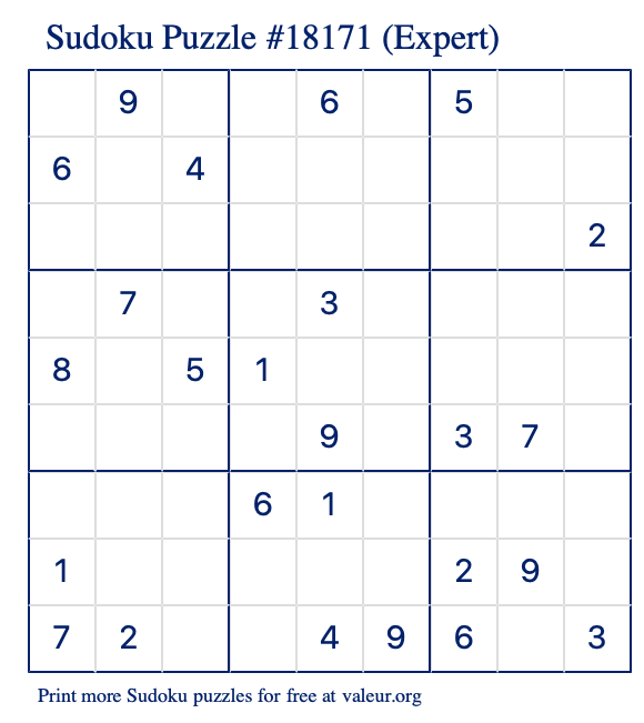 Free Printable Expert Sudoku Puzzle number 18171