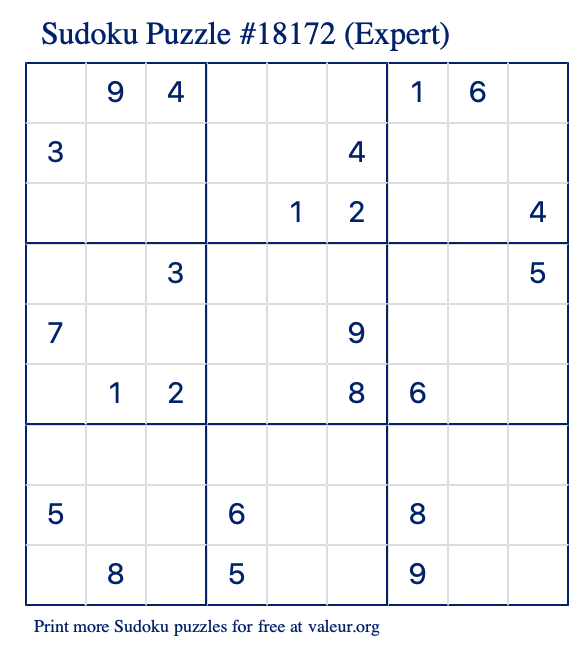 Free Printable Expert Sudoku Puzzle number 18172