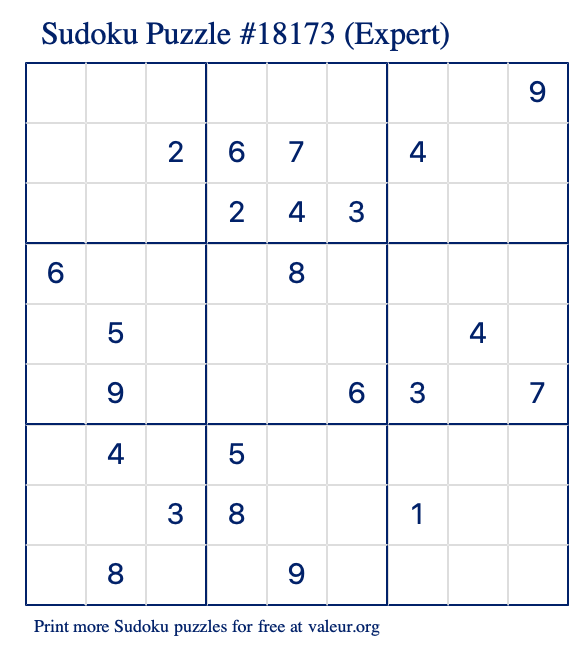 Free Printable Expert Sudoku Puzzle number 18173