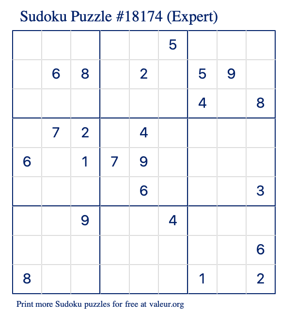 Free Printable Expert Sudoku Puzzle number 18174