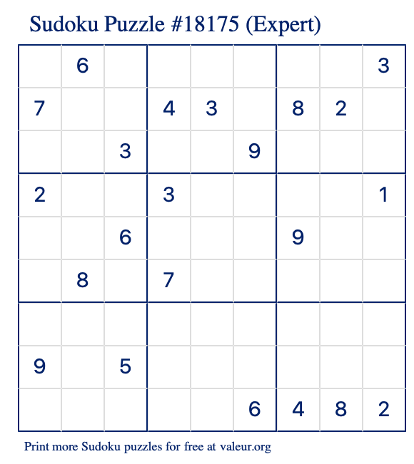 Free Printable Expert Sudoku Puzzle number 18175