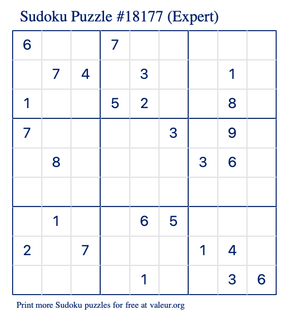 Free Printable Expert Sudoku Puzzle number 18177