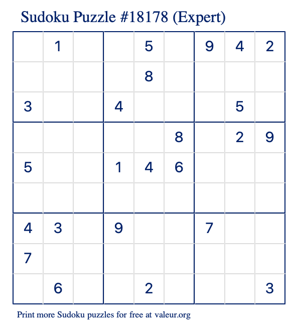 Free Printable Expert Sudoku Puzzle number 18178