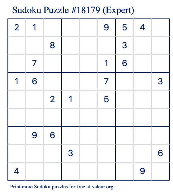 Free Printable Expert Sudoku Puzzle number 18179