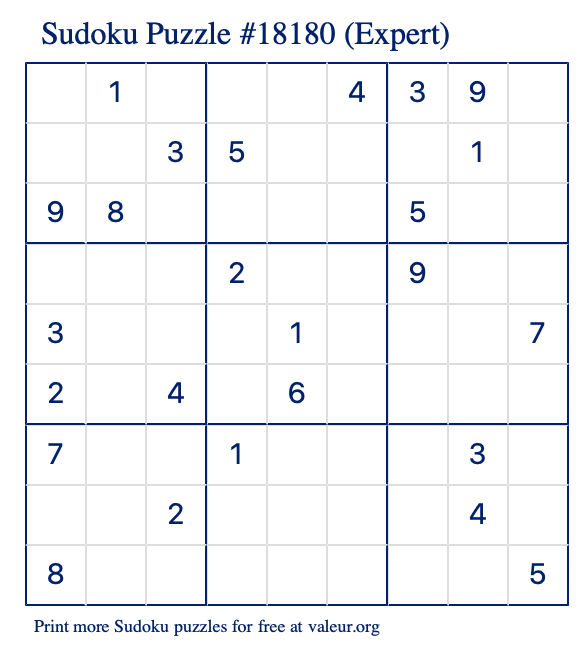 Free Printable Expert Sudoku Puzzle number 18180