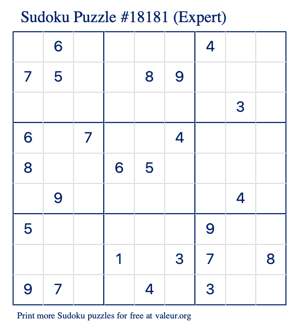 Free Printable Expert Sudoku Puzzle number 18181