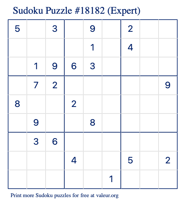 Free Printable Expert Sudoku Puzzle number 18182