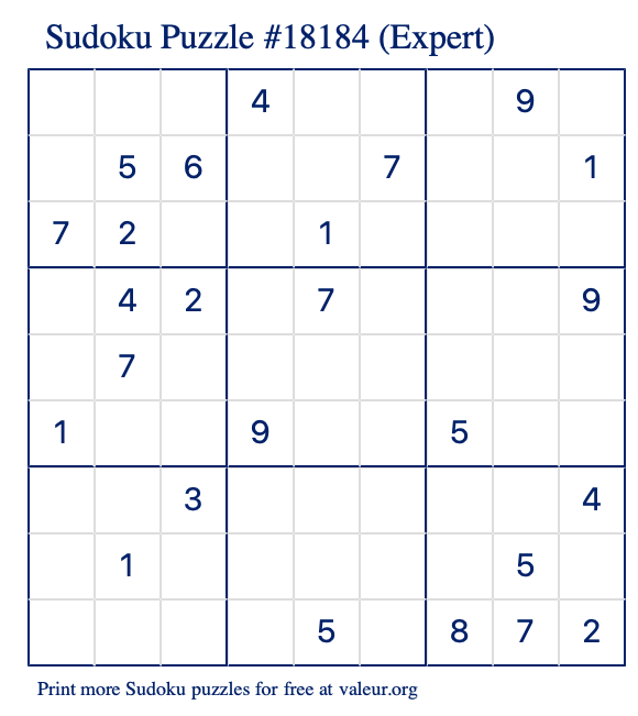 Free Printable Expert Sudoku Puzzle number 18184