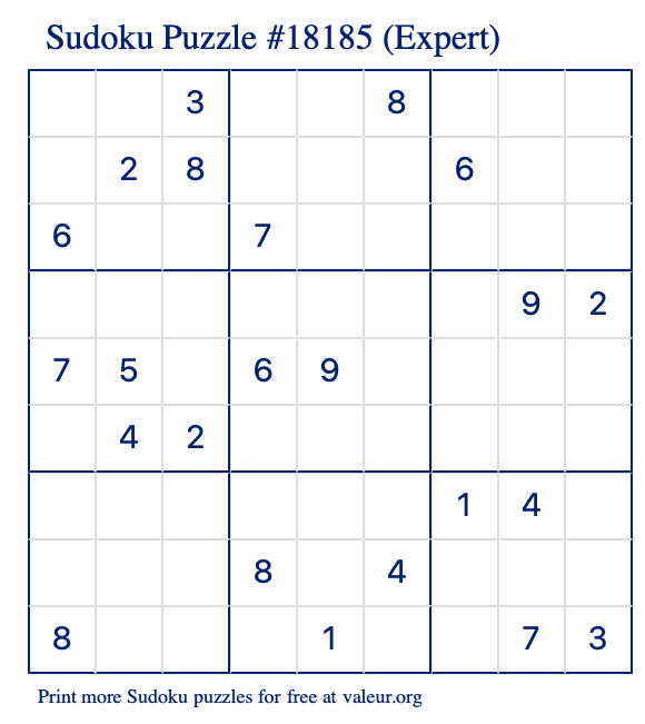 Free Printable Expert Sudoku Puzzle number 18185