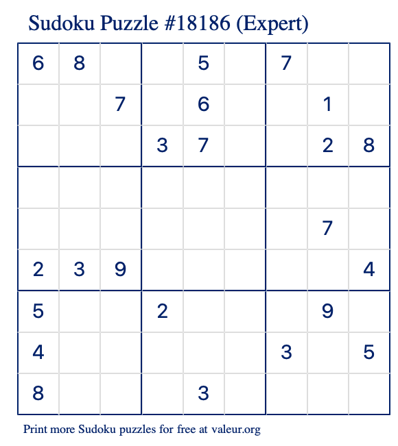 Free Printable Expert Sudoku Puzzle number 18186